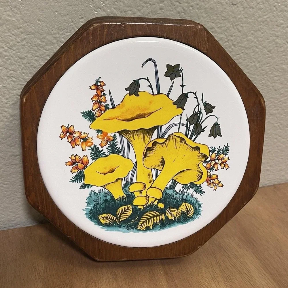 Vintage Retro Chanterelle Mushroom Plaque Wood Ceramic Wall Hanging MCM Groovy